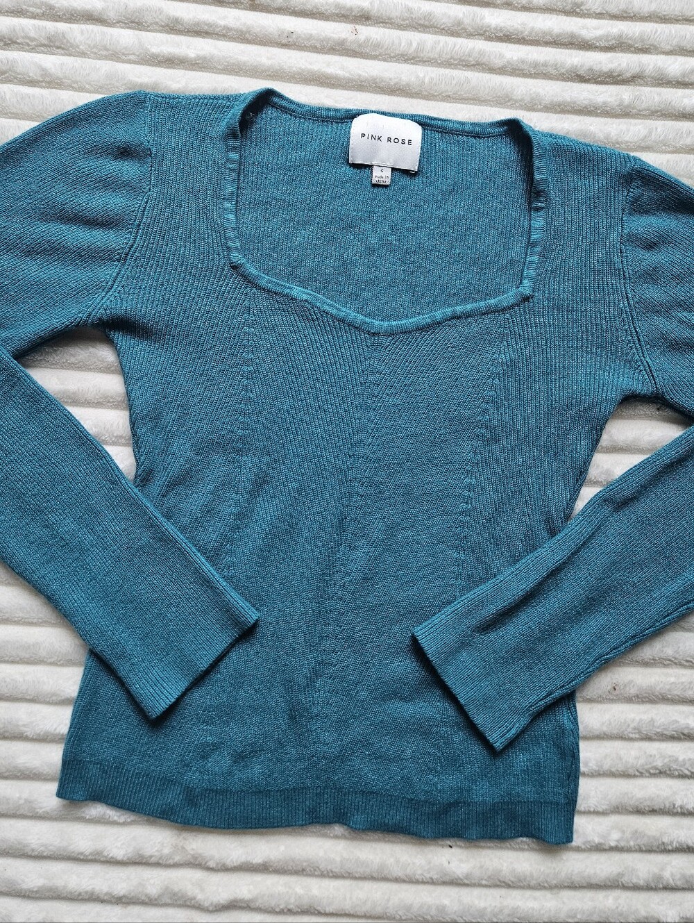 Pink Rose Teal Scoop Neck Knit Sweater